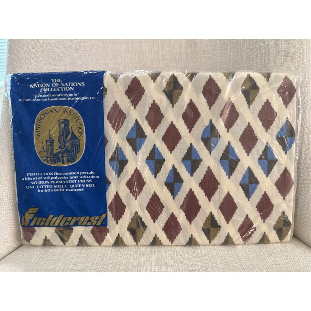 NOS Vtg Fieldcrest Queen Fitted Sheet Poncho‎ Patterns Nation Of Nations 52000
